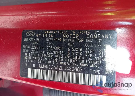 2020 Hyundai Kona Se from USA, damaged, VIN KM8K12AA2LU430887